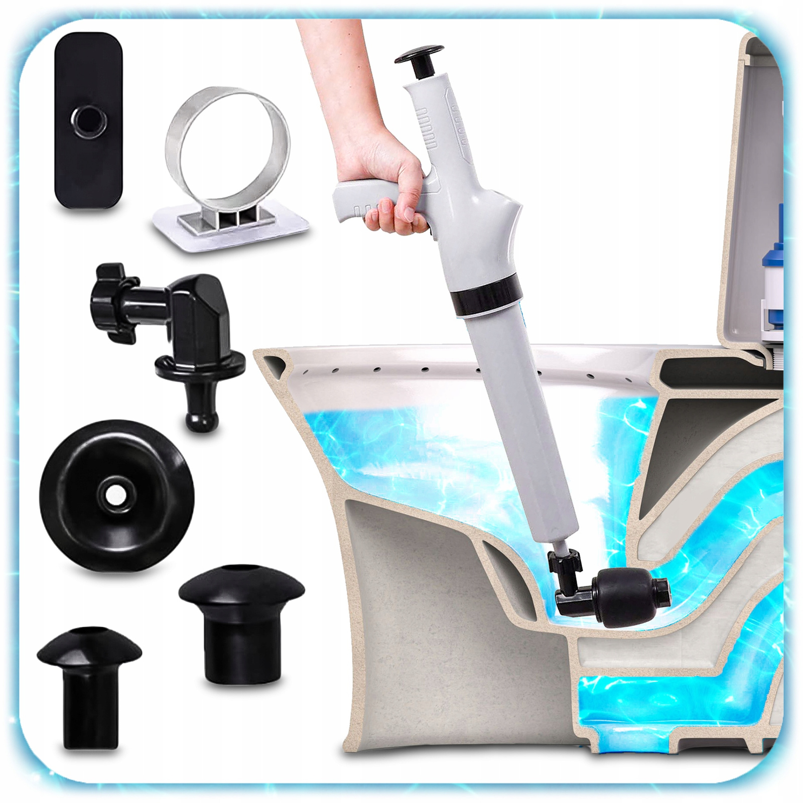 PRZEPYCHACZ DO RUR I ZLEWU PISTOLET DO UDRAŻNIANIA WC + 4 KOŃCÓWKI nf80g6.516acc.l