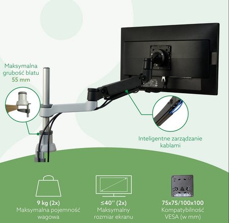 R-Go Caparo 4 D2 Cyrkularny Uchwyt na dwa monitory