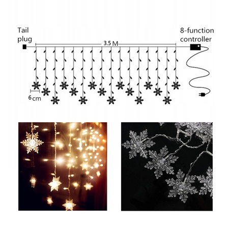 KURTYNA ŚWIETLNA LAMPKI ŚNIEŻYNKI 22 szt LED BIAŁY CIEPŁY GIRLANDA 3,5M