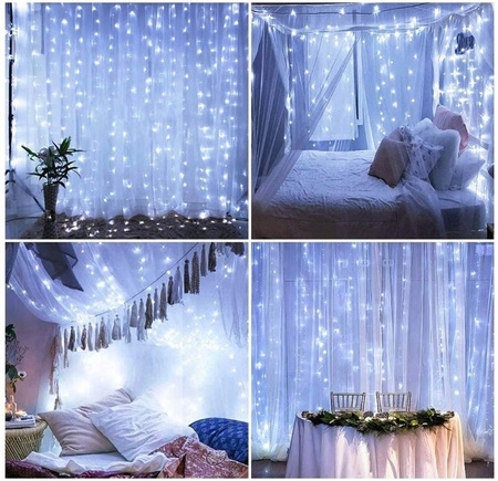  LAMPKI KURTYNA ŚWIETLNA 300 LED GIRLANDA USB PILOT DRUCIK 3x3m BIAŁY ZIMNY