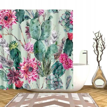 ZASŁONA PRYSZNICOWA MOTYW KWIATÓW I KAKTUSÓW DEKORACYJNA 180x180CM PREMIUM