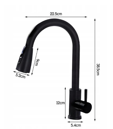 Bateria kuchenna czarna z wyciąganą wylewką, przełącznik zmiany ciśnienia