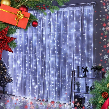  LAMPKI KURTYNA ŚWIETLNA 300 LED GIRLANDA USB PILOT DRUCIK 3x3m BIAŁY ZIMNY