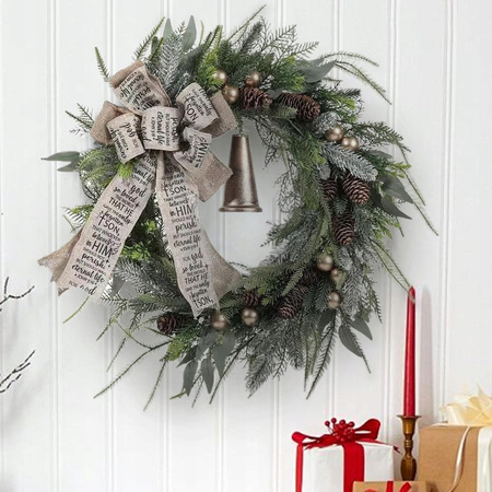Duży Wieniec bożonarodzeniowy wianek z dzwonkiem kokardą i bombkami