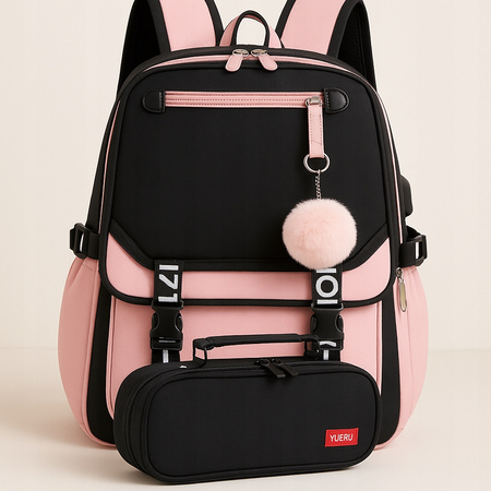 Plecak czarno różowy szkolny + piórnik gratis