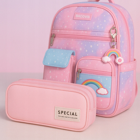 PLECAK SZKOLNY TORNISTER DLA DZIEWCZYNKI RÓŻOWY TĘCZA piórnik gratis