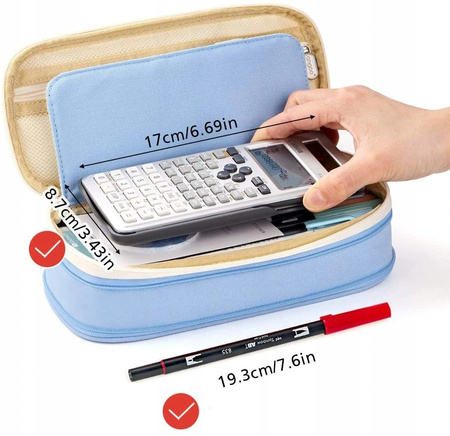 DUŻY PIÓRNIK WIELOFUNKCYJNY SASZETKA TRZYKOMOROWY Niebiesko-kremowy