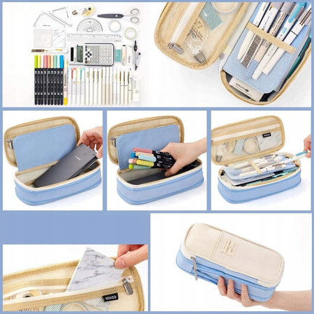 DUŻY PIÓRNIK WIELOFUNKCYJNY SASZETKA TRZYKOMOROWY Niebiesko-kremowy