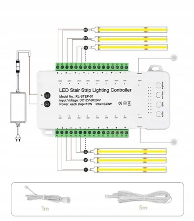 Sterownik schodowy oświetlenia do 16 schodów LED z czujnikami 240W 12V-24V