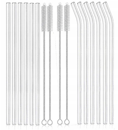 Słomki szklane do picia wielorazowe EKO 16szt czyścik 4 szt 2 rodzaje+etui