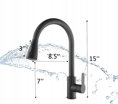 BATERIA KUCHENNA KRAN DO UMYWALKI WYCIĄGANA WYLEWKA MATOWY CZARNY