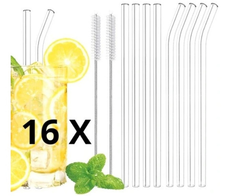 Słomki szklane do picia wielorazowe EKO 16szt czyścik 4 szt 2 rodzaje+etui