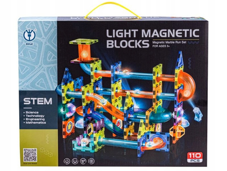 ŚWIECĄCY KULODROM, KLOCKI MAGNETYCZNE, TOR DLA KULEK, 110 ELEMENTÓW