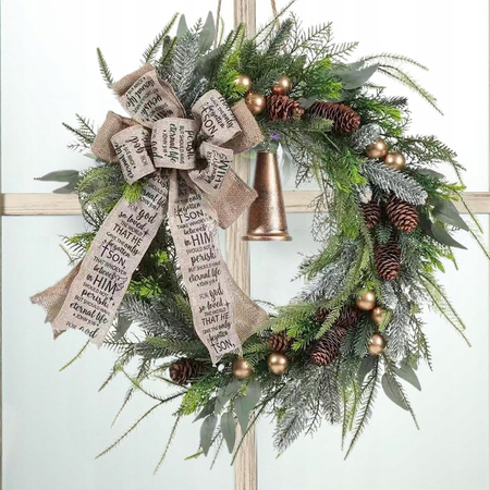 Duży Wieniec bożonarodzeniowy wianek z dzwonkiem kokardą i bombkami