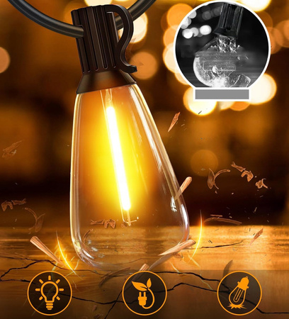 Girlanda Świetlna Ogrodowa 15m 50 Żarówek LED Patio Zewnętrzna Wodoszczelna