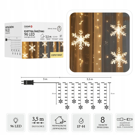 KURTYNA ŚWIETLNA LAMPKI ŚNIEŻYNKI 22 szt LED BIAŁY CIEPŁY GIRLANDA 3,5M