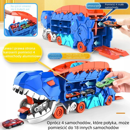 Podwójny transporter Autko T-Rex + 4 losowe minisamochody dinozaur 