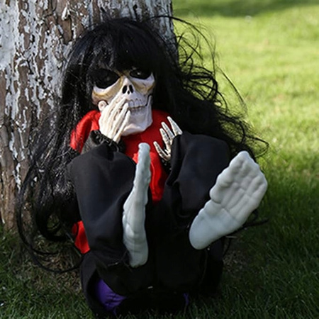 Straszna lalka duch płacząca halloween dekoracja na baterie czarne włosy