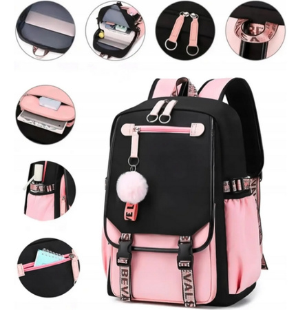 Plecak czarno różowy szkolny + piórnik gratis