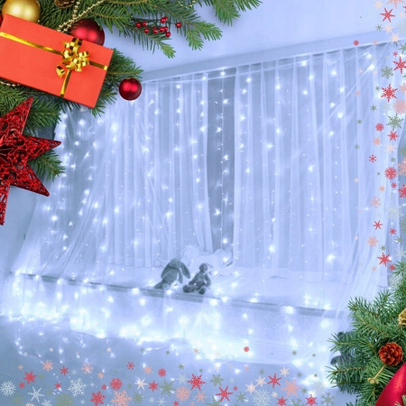  LAMPKI KURTYNA ŚWIETLNA 300 LED GIRLANDA USB PILOT DRUCIK 3x3m BIAŁY ZIMNY