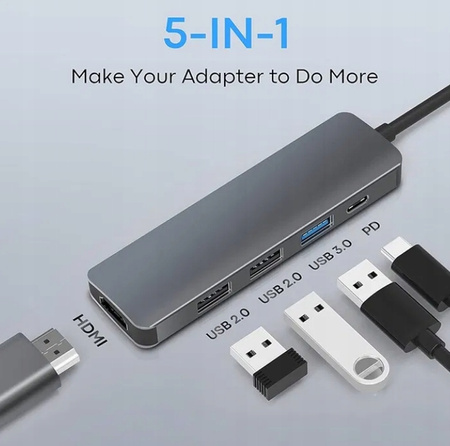 Adapter USB C 5 w 1, z wyjściem HDMI 4K