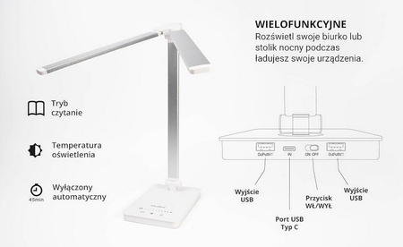 LAMPA PODWÓJNA KREŚLARSKA BIURKOWA, LED BIAŁA POŁĄCZENIE USB