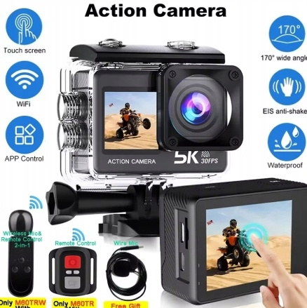 Kamera Sportowa 5K WiFi UHD – Kąt 170° Mikrofon 30m Wodoszczelna