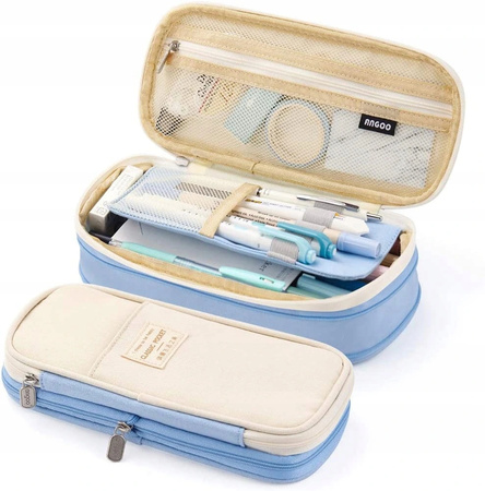 DUŻY PIÓRNIK WIELOFUNKCYJNY SASZETKA TRZYKOMOROWY Niebiesko-kremowy