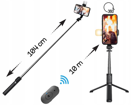 KIJEK DO SELFIE STICK TRIPOD STATYW z PILOTEM z LAMPA BLUETOOTH 104cm 360° (1)