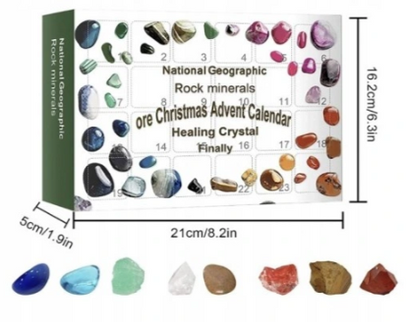 KALENDARZ ADWENTOWY MINERAŁOWY MINERAŁY KAMIENIE KRYSZTAŁY ŚWIĘTA LECZNICZE