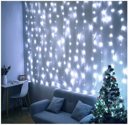  LAMPKI KURTYNA ŚWIETLNA 300 LED GIRLANDA USB PILOT DRUCIK 3x3m BIAŁY ZIMNY