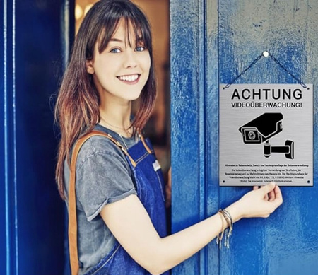 Tabliczka blaszana mocna srebrna Kamera Monitoring 15x15 niemiecka