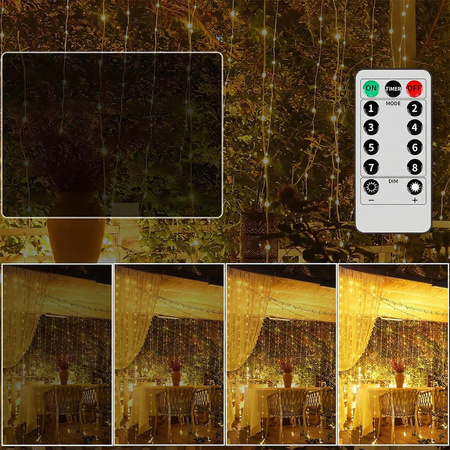 KURTYNA ŚWIETLNA 300LED LAMPKI CHOINKOWE GIRLANDA + PILOT BIAŁY CIEPŁY 3x3m