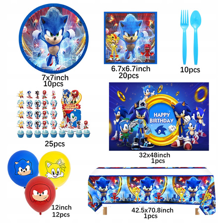  Zestaw Dekoracja Urodziny Sonic balon Tło tkaniny naczyń imprezowe 10 osób