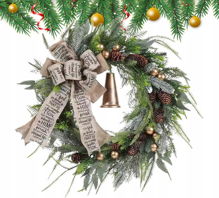 Duży Wieniec bożonarodzeniowy wianek z dzwonkiem kokardą i bombkami