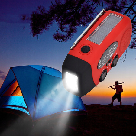 Radio awaryjne z korbką panelem solarnym latarką LED powerbank, powystawowe