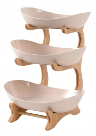 Elegancki 3-poziomowy stojak z różowymi miskami i bambusową ramą