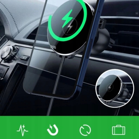ŁADOWARKA BEZPRZEWODOWA 15W UCHWYT SAMOCHODOWY KRATKA IPHONE MAG SAFE
