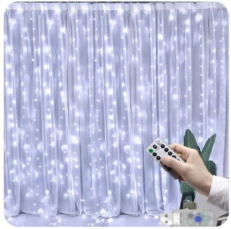  LAMPKI KURTYNA ŚWIETLNA 300 LED GIRLANDA USB PILOT DRUCIK 3x3m BIAŁY ZIMNY