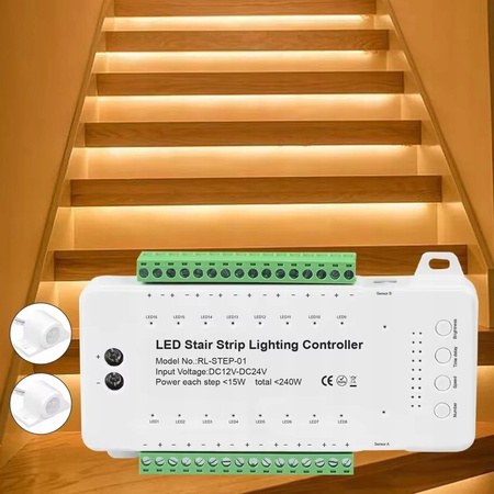 Sterownik schodowy oświetlenia do 16 schodów LED z czujnikami 240W 12V-24V