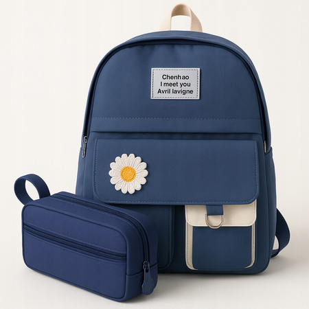 Niebieski plecak stokrotka miś młodzieżowy szkolny + piórnik gratis