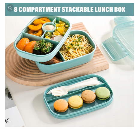  2-warstwowe pudełko na lunch 1550 ml z 3 przegródkami i zestawem sztućców