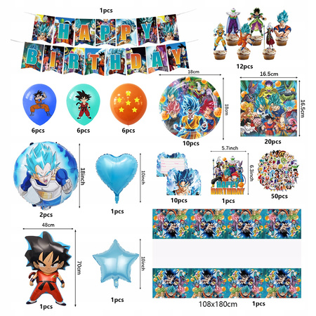 Zestaw Dekoracja Urodziny Dragonball akcesoria na imprezę 10 osób 128 sztuk