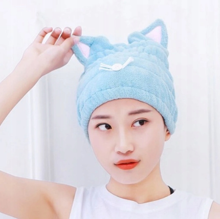 Turban ręcznik do suszenia włosów kotek zestaw 2szt różowy i niebieski