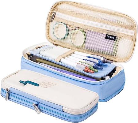 DUŻY PIÓRNIK WIELOFUNKCYJNY SASZETKA TRZYKOMOROWY Niebiesko-kremowy