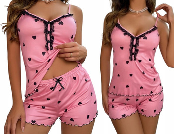 Zmysłowa satynowa piżamka spodenki bluzka różowa serduszka 3xl