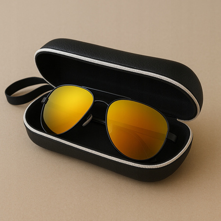 Stylowe Okulary Przeciwsłoneczne w Etui – Złoto-Czerwone Lustra