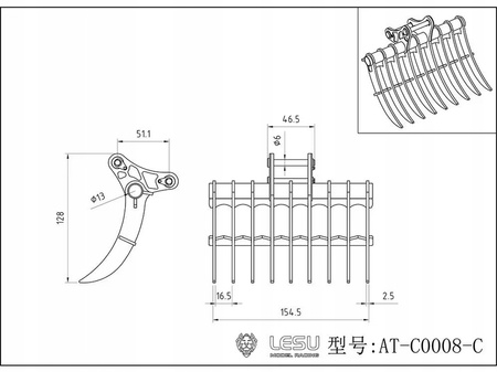 Łyżka zgrabiarki LESU 1/14 do koparki ET35 – metalowa, szybkozłącze, DIY