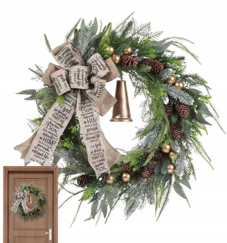 Duży Wieniec bożonarodzeniowy wianek z dzwonkiem kokardą i bombkami