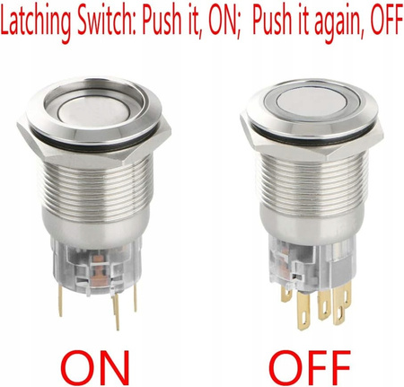 Przełącznik 12V-24V Zielony Podświetlany Blokowany BISTABILNY 15mm przewód